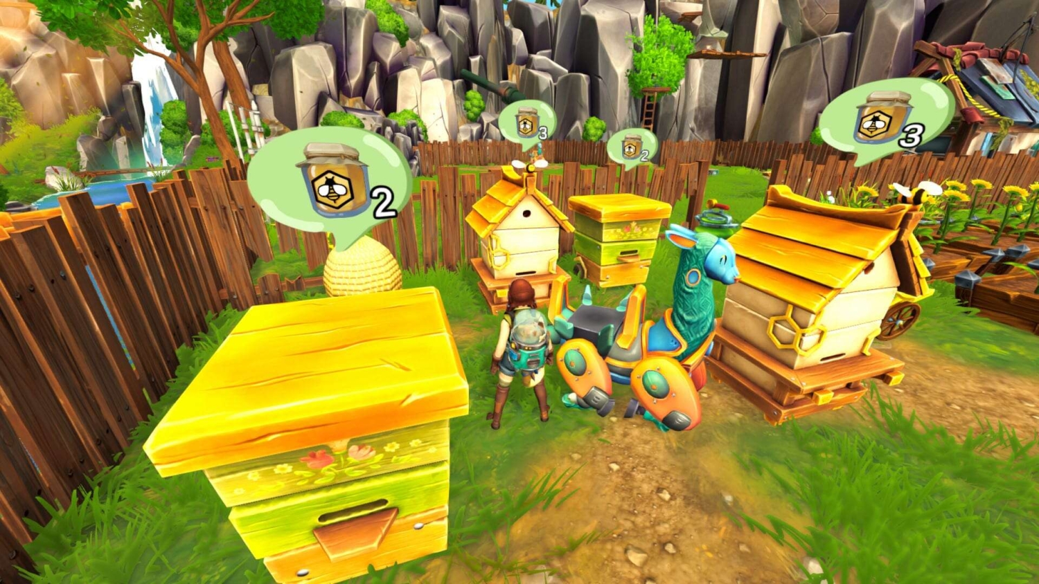 Game character stands among colourful beehives with icons showing honey jars and quantities above them