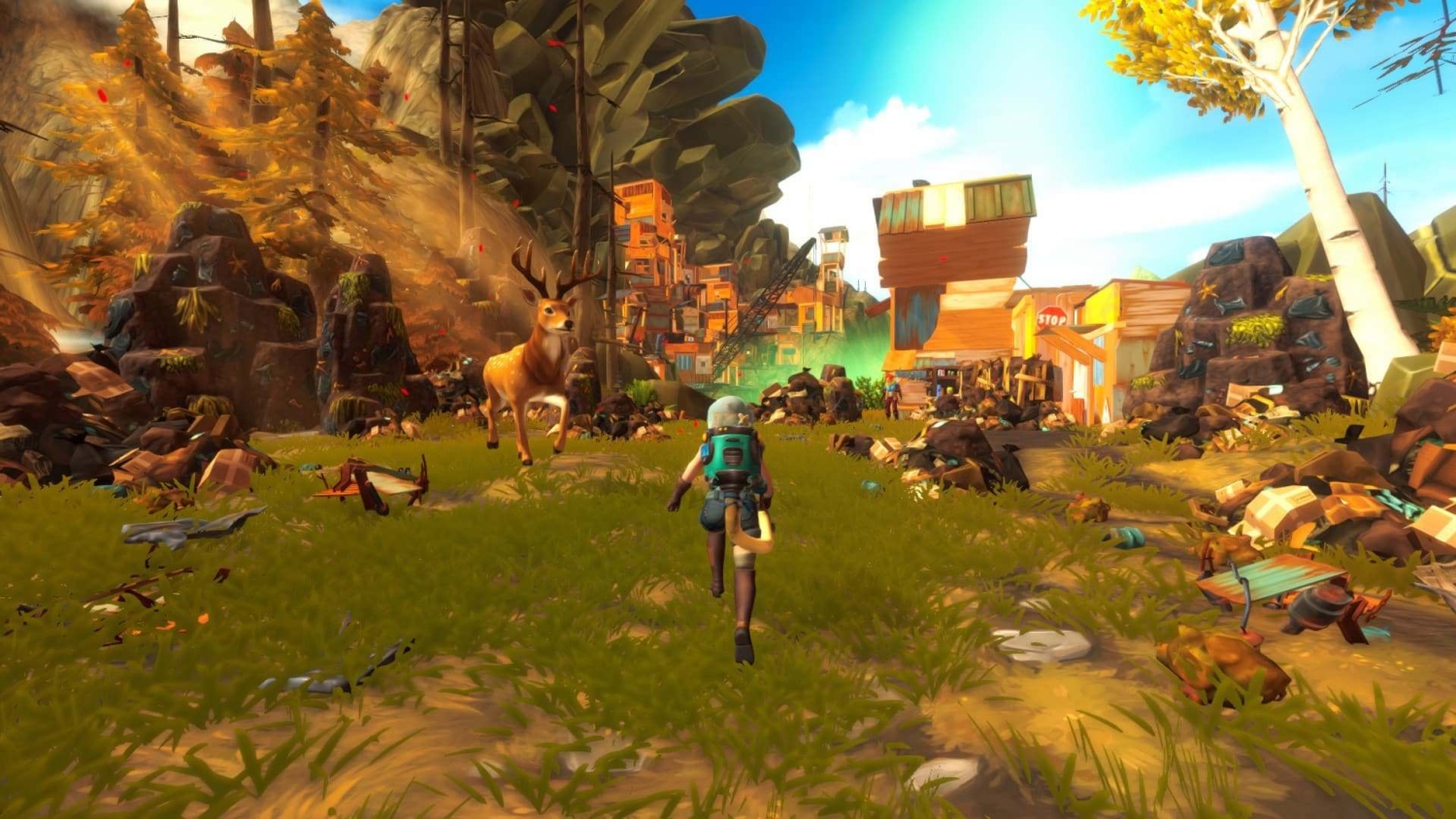 Character in a vibrant game environment running towards a deer amidst grassy terrain and scattered debris