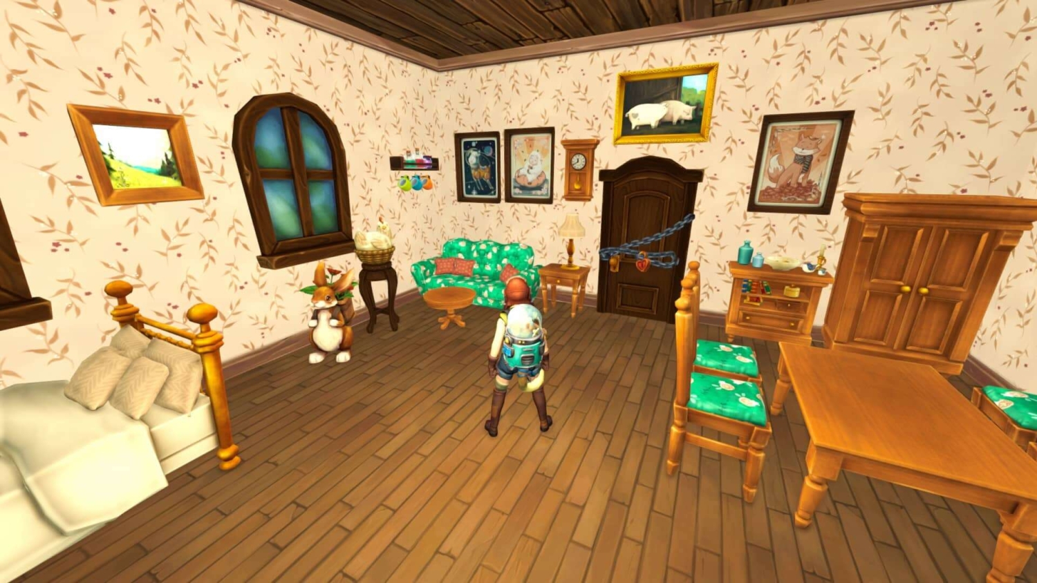 Person standing in a colourful animated room with floral wallpaper, wooden furniture, and a chained door secured with padlocks