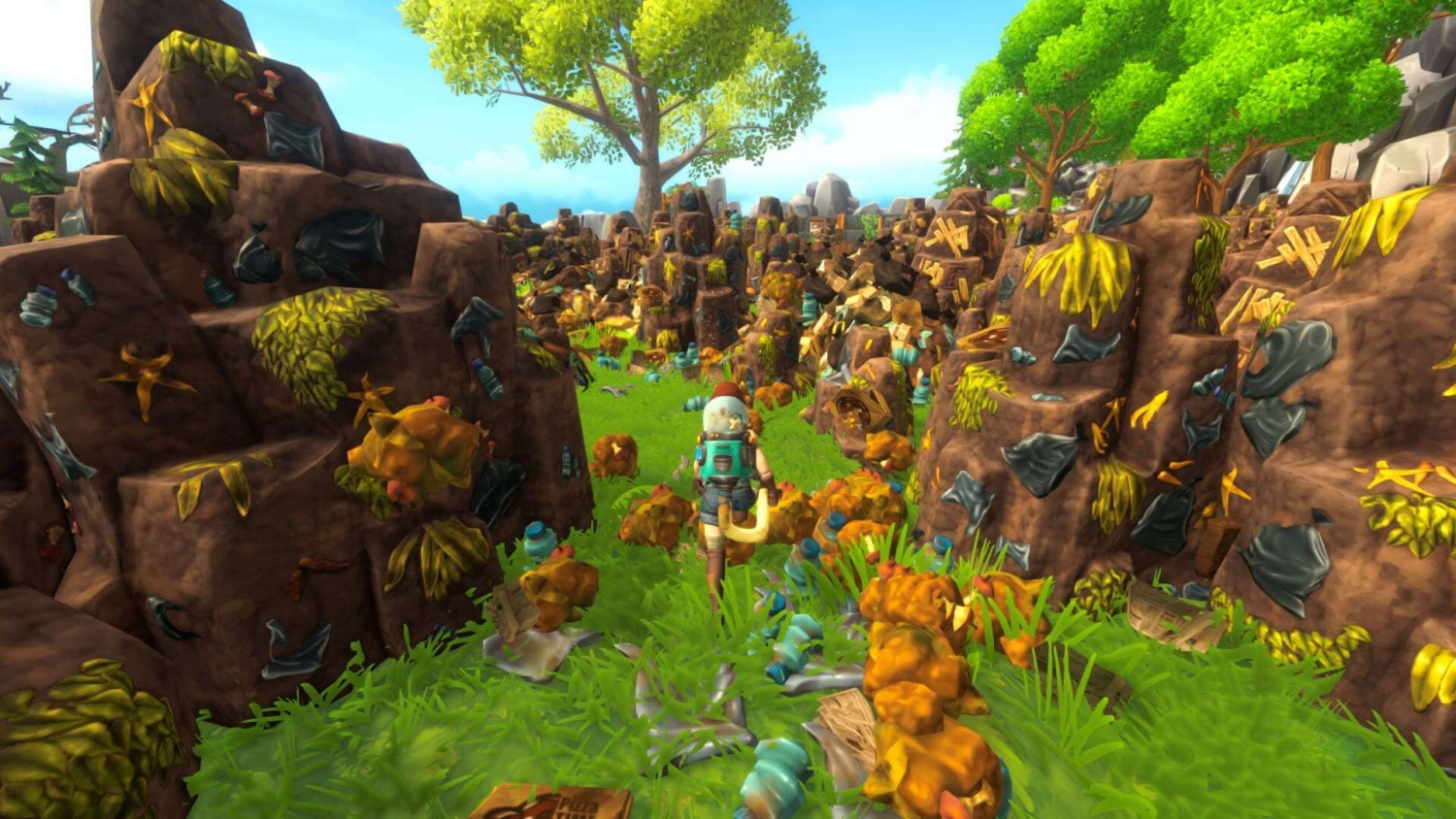 A character with a backpack walks through a grassy field cluttered with piles of rubbish and debris between rocky formations.