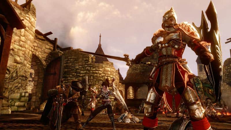 Armoured medieval warriors preparing for battle in a stone fortress courtyard with swords and shields