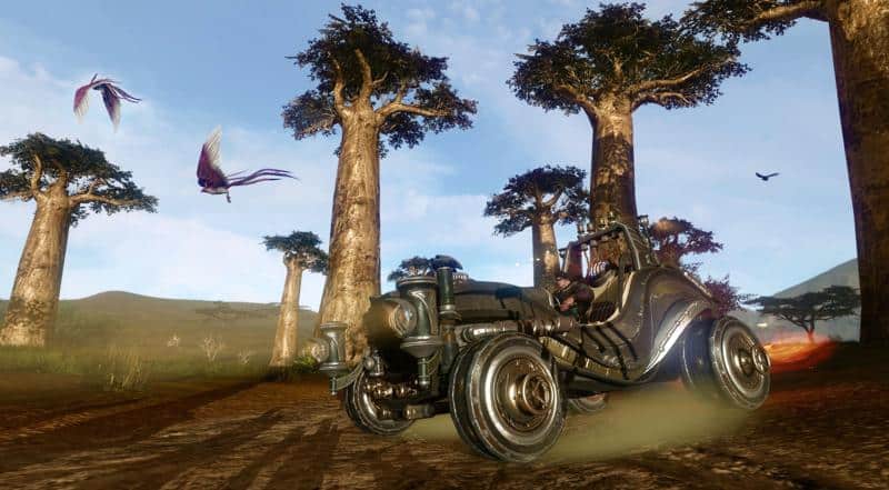 In-game character driving a vintage car through dusty terrain with large baobab-like trees and flying creatures