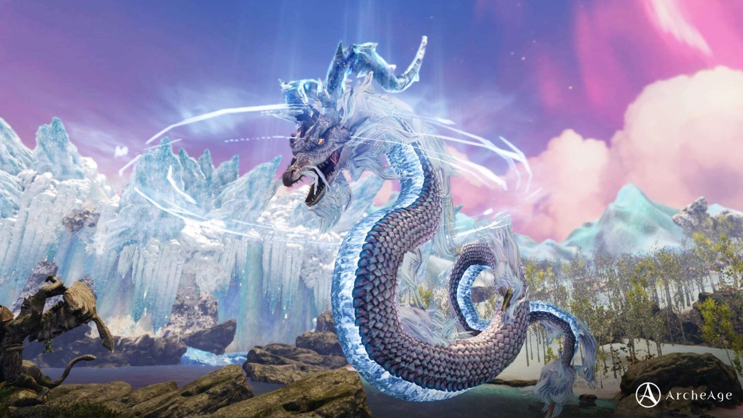 White serpentine dragon twisting with icy effects near an icy mountainous landscape under a vibrant pink and purple sky