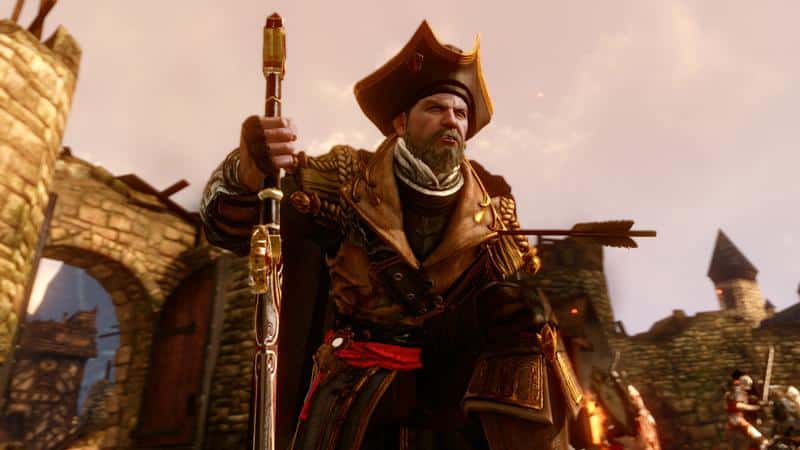 Male archer wearing tricorn hat and leather armour aiming a bow and arrow inside a medieval stone fortress