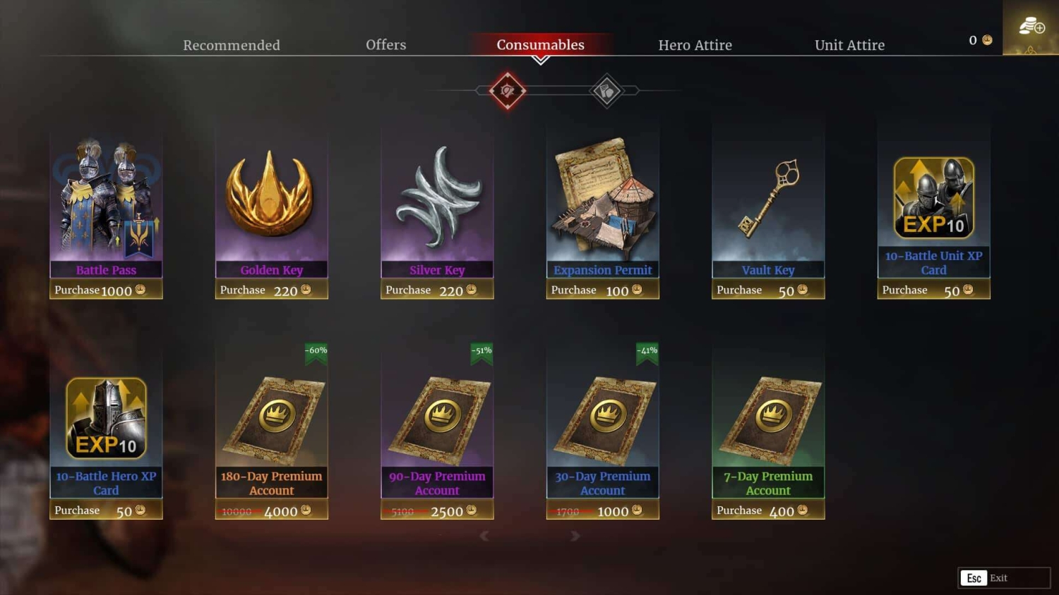 Medieval-themed in-game shop screen showing purchasable consumable items and premium accounts with prices