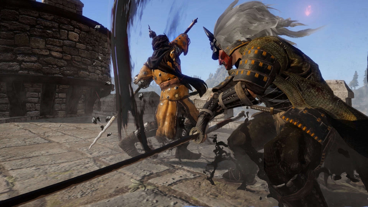 Two medieval warriors in detailed armour clash swords on a stone castle rooftop under a clear blue sky.