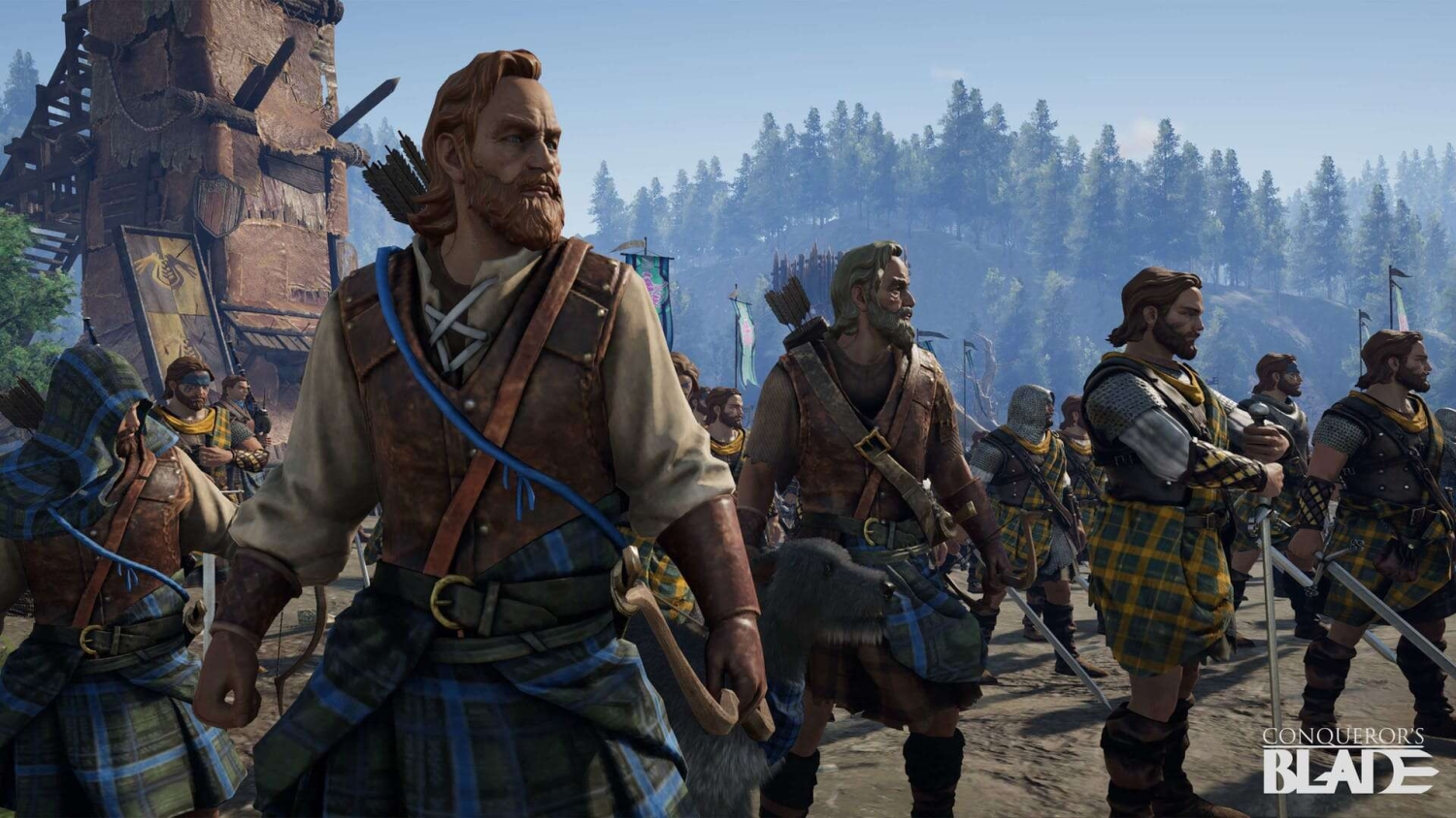 Medieval soldiers wearing tartan kilts and armed with bows and swords gather near wooden tower outdoors