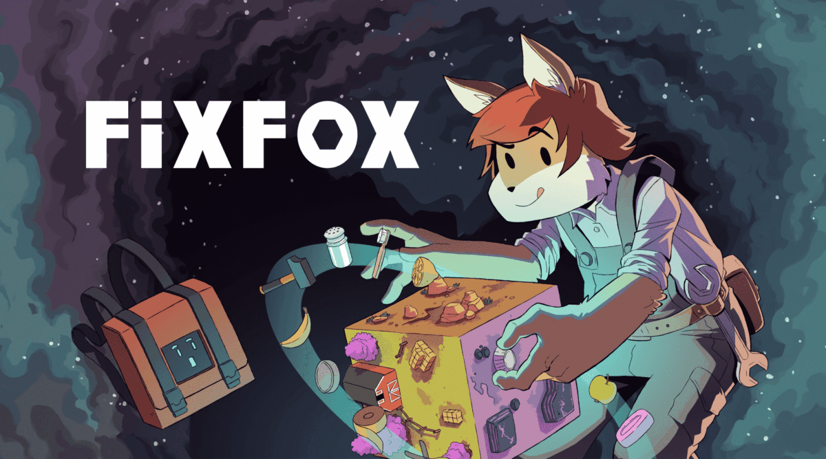 Anthropomorphic fox character interacting with a floating puzzle cube and objects, with FixFox title text