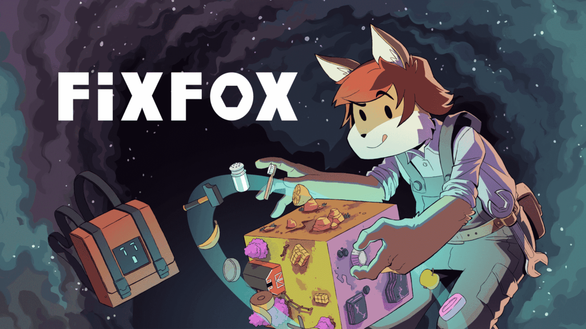 Anthropomorphic fox character interacting with a floating puzzle cube and objects, with FixFox title text