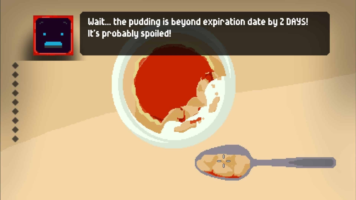 Pixel art digital pudding in a bowl with a spoon, robot dialogue box warning pudding is two days past expiration