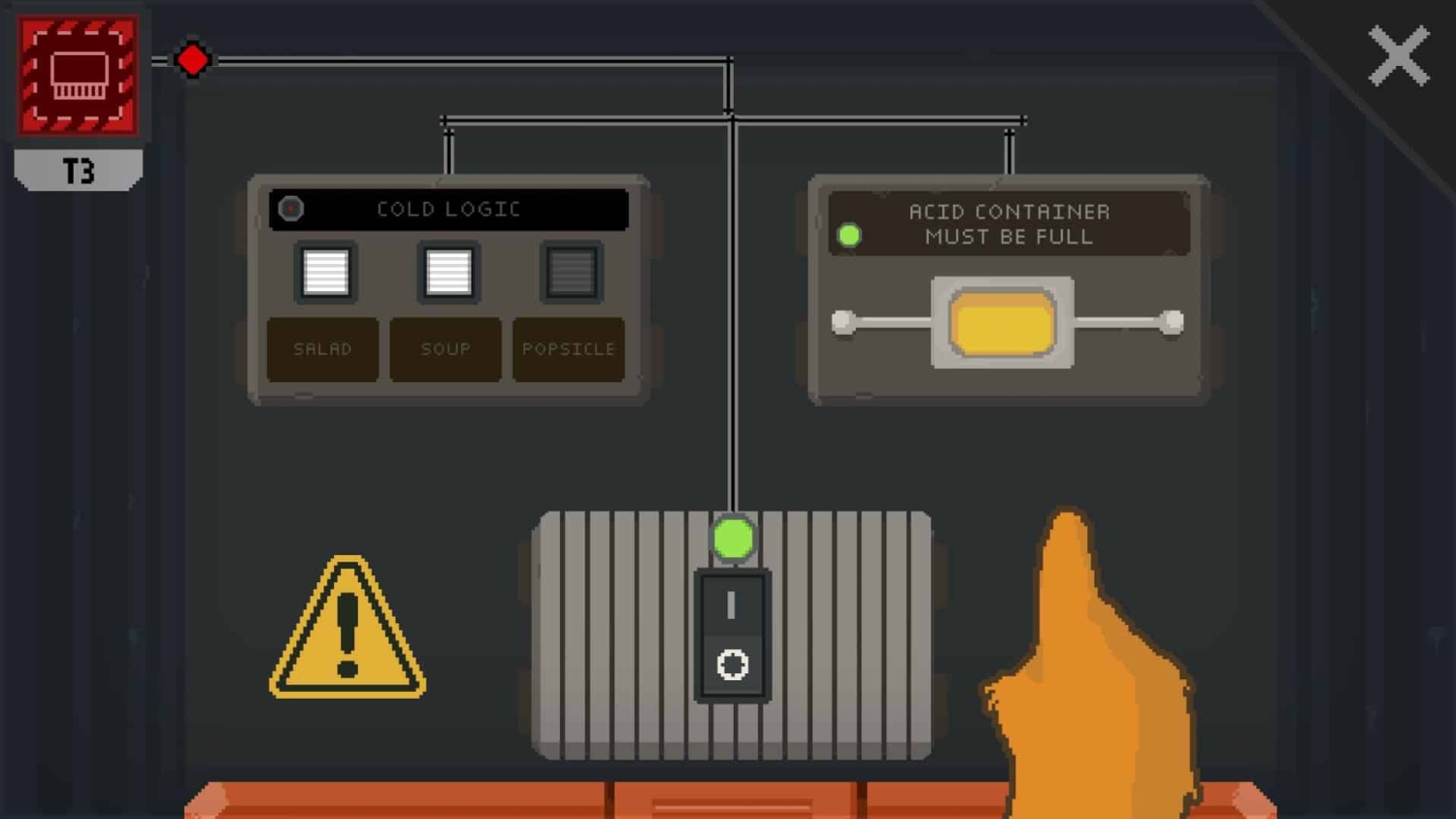 Hand reaching to press switch on a panel with cold logic options and an acid container indicator