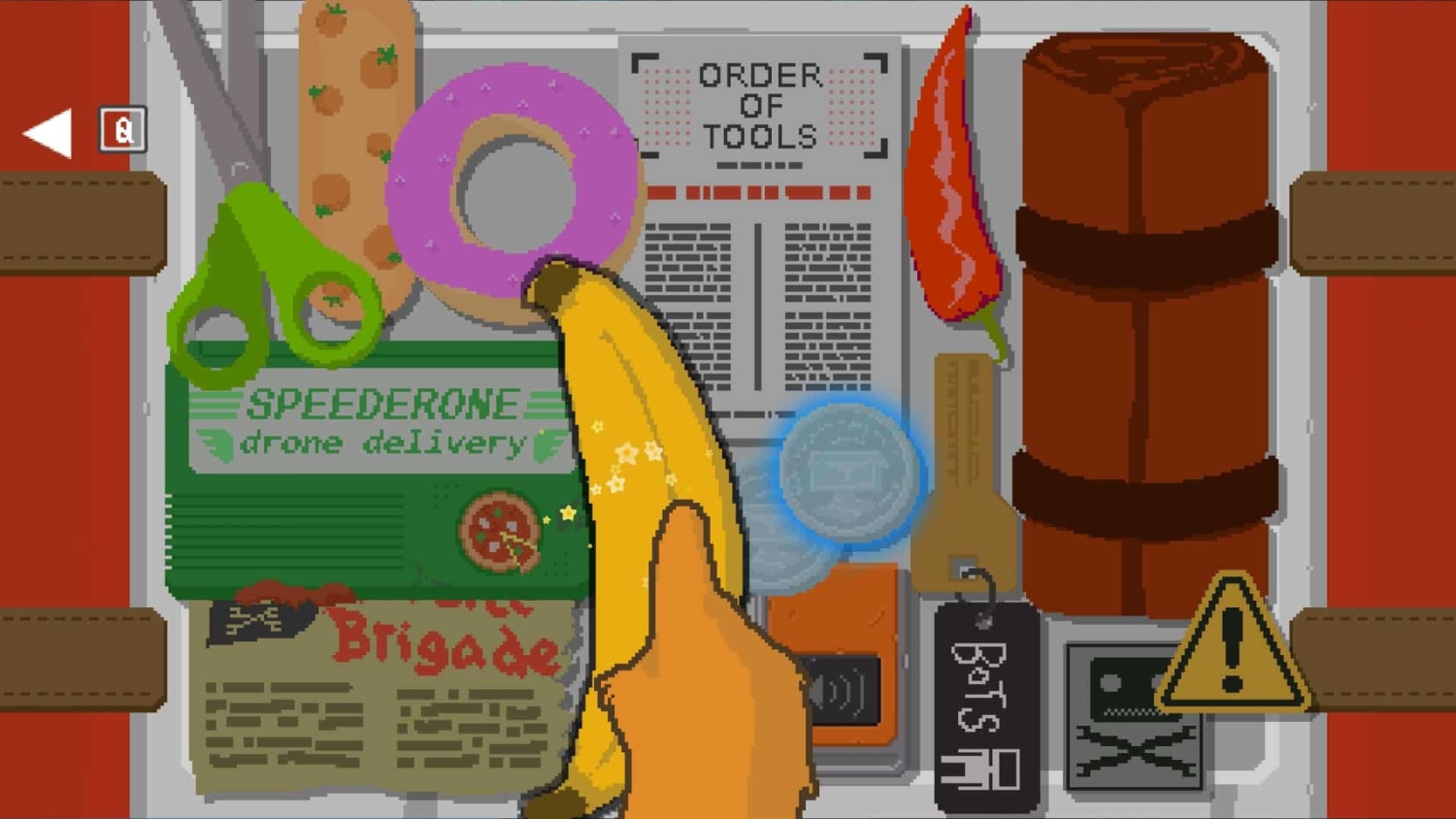 A pixel art hand holding a banana over a table with a purple donut, green scissors, red chili pepper, and scrolls