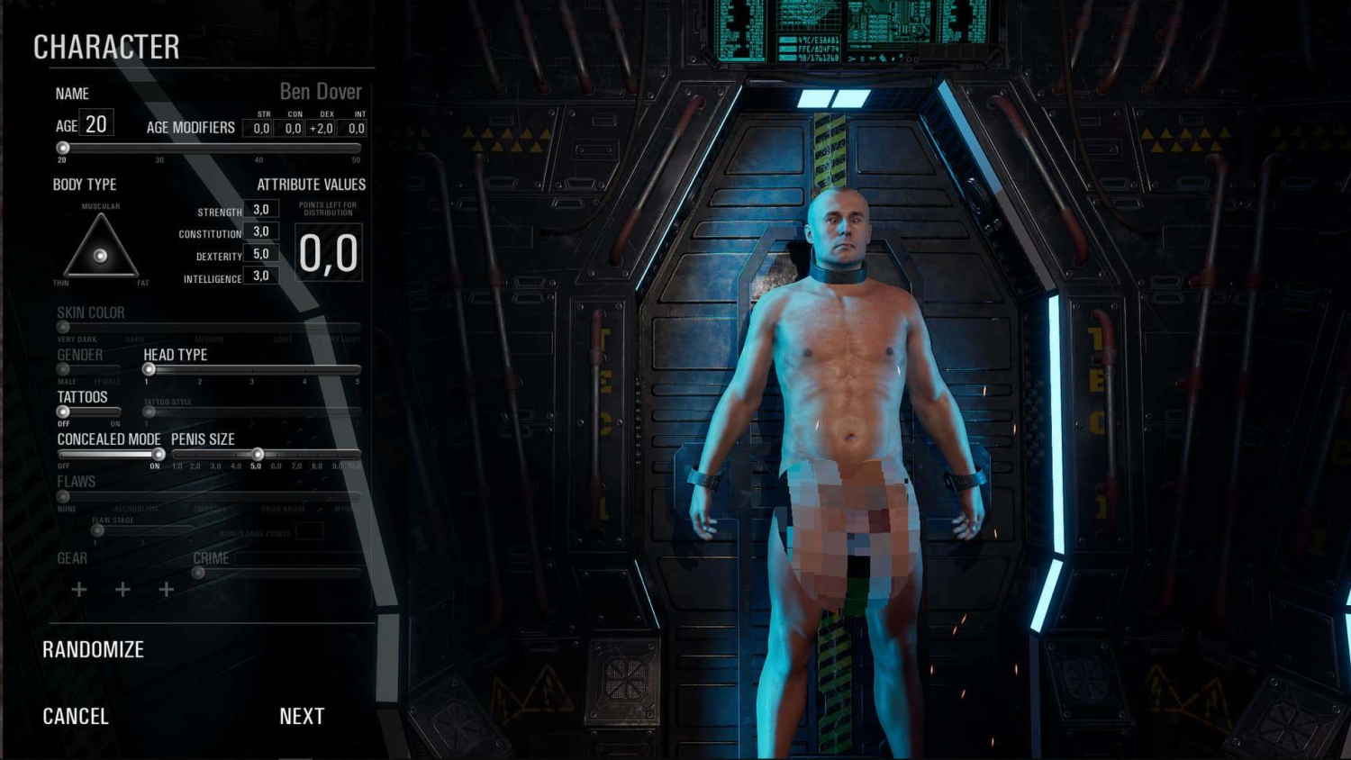 Muscular bald male character with pixelated lower body in a sci-fi setting character customisation screen
