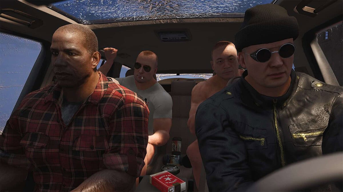 Four male characters in a car with two in front seats and two in back seats in a digital game setting