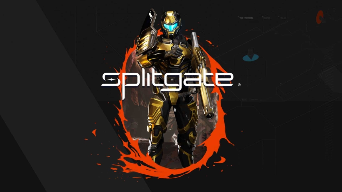 Armoured soldier in gold and black holding a futuristic gun with Splitgate logo and orange swirl