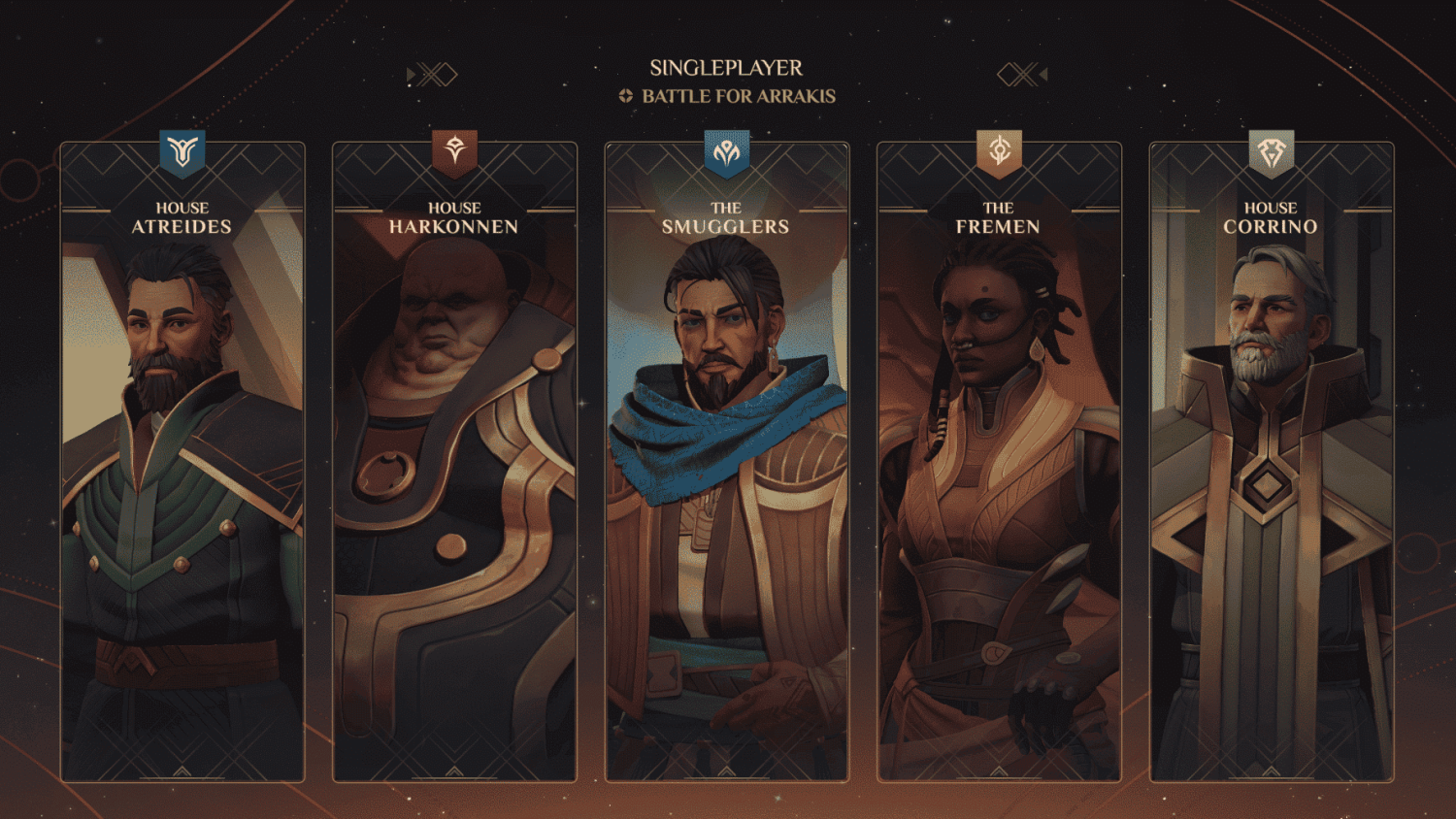 Five distinct faction leaders in Dune: Spice Wars shown in vertical panels with their house names