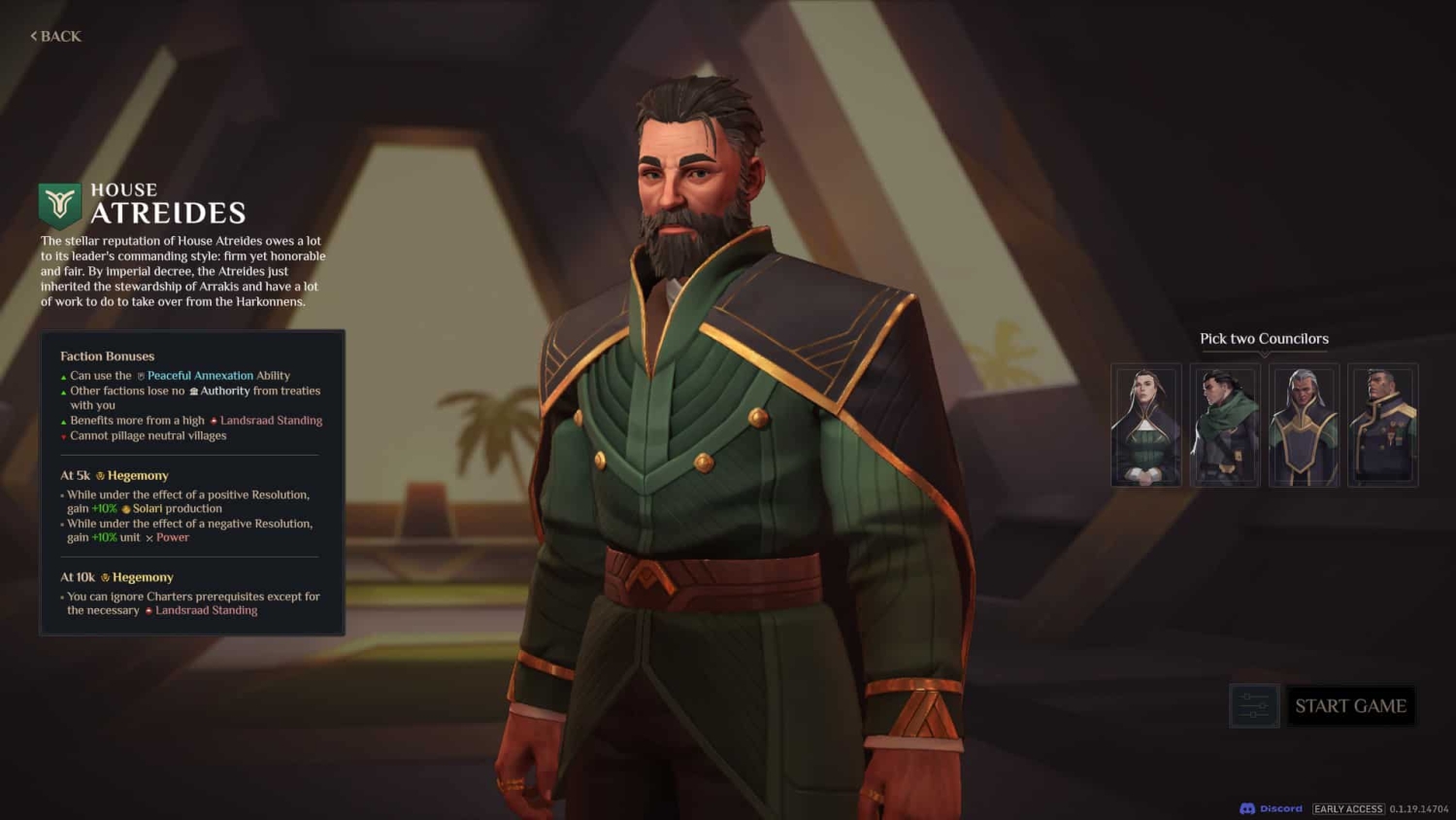 Male character of House Atreides in green and gold robe with beard, standing beside faction bonuses and council options