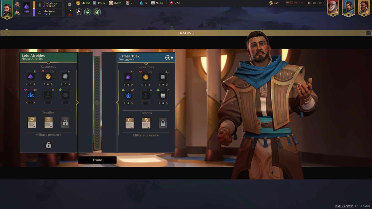 Animated character negotiating trade showing resource amounts and available treaties in a game interface