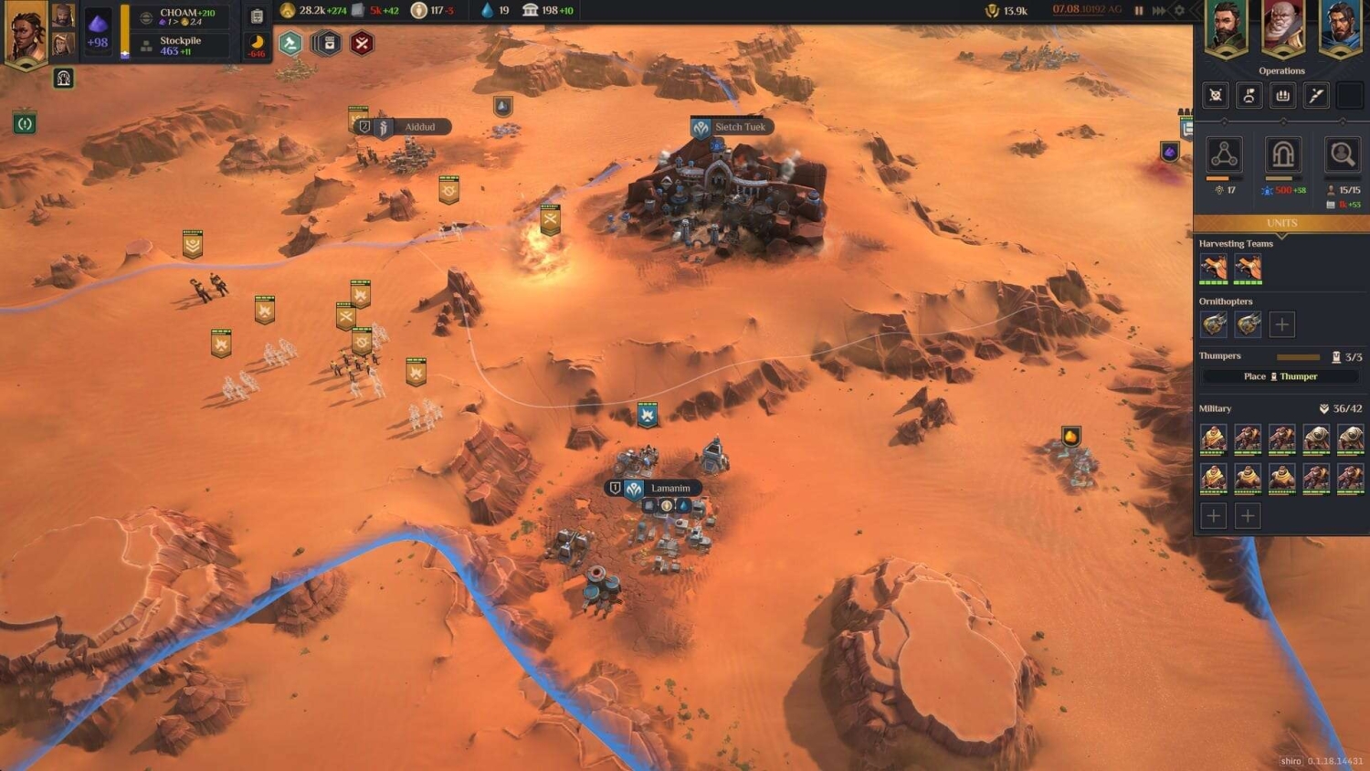 Strategy game map showing desert terrain with units and settlements named Sietch Tuek and Lamanim