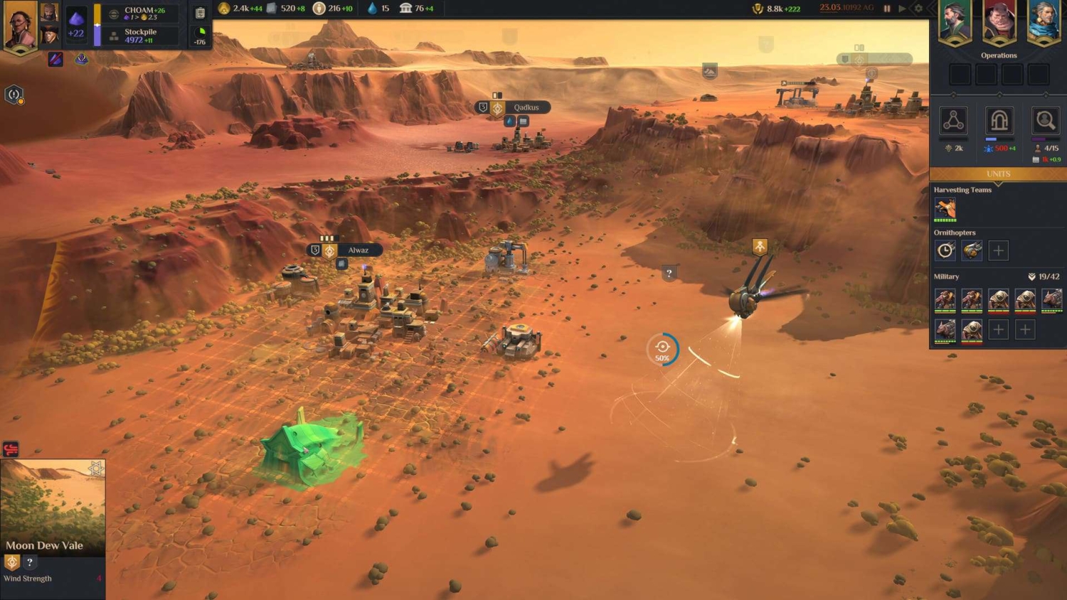 Desert settlement with labelled locations and hovering drone scanning area in a strategy game interface