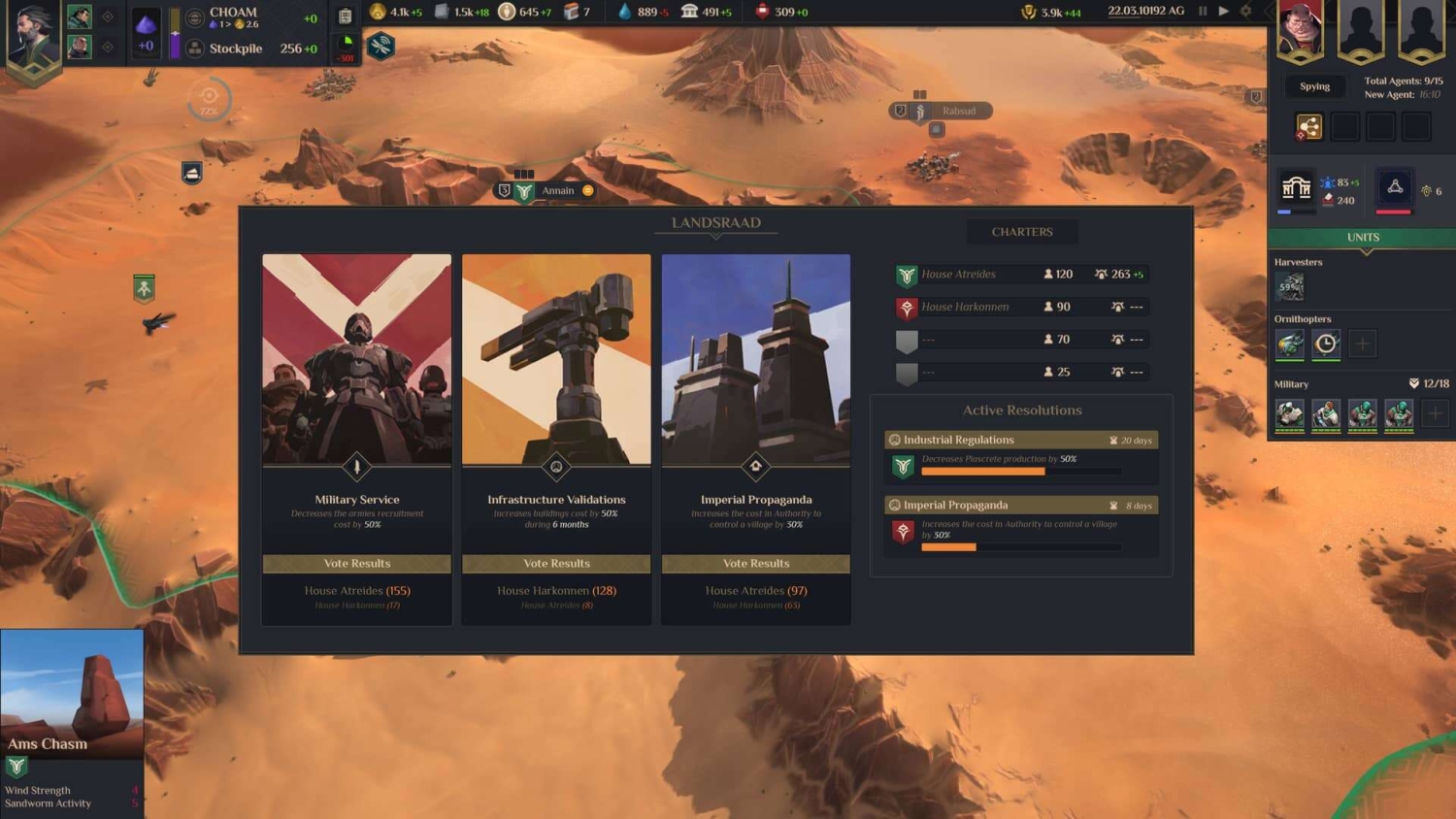 Diplomacy vote results showing Military Service, Infrastructure Validations, and Imperial Propaganda options with desert map background