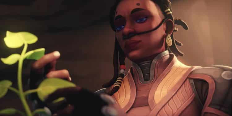 Person in futuristic outfit closely observing a small glowing plant under warm indoor lighting