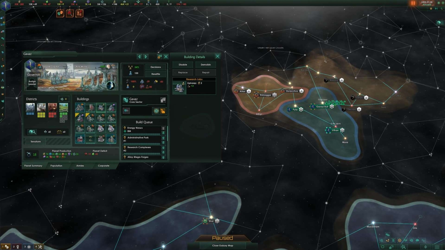 Galaxy map showing territory borders alongside a planetary management panel with building and resource details