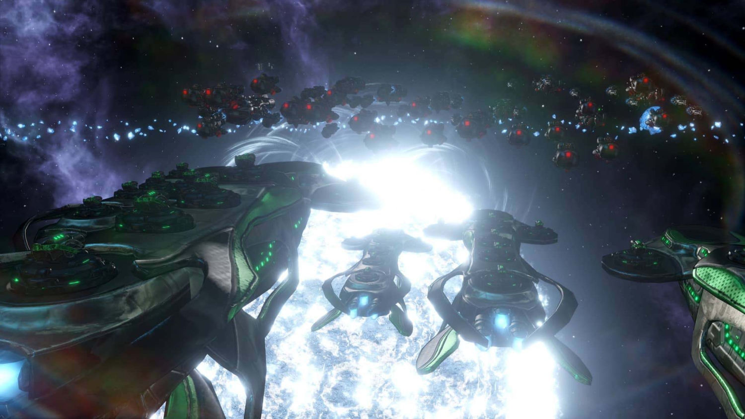 Large fleet of futuristic spaceships with green and red lights surrounding a bright glowing star in space