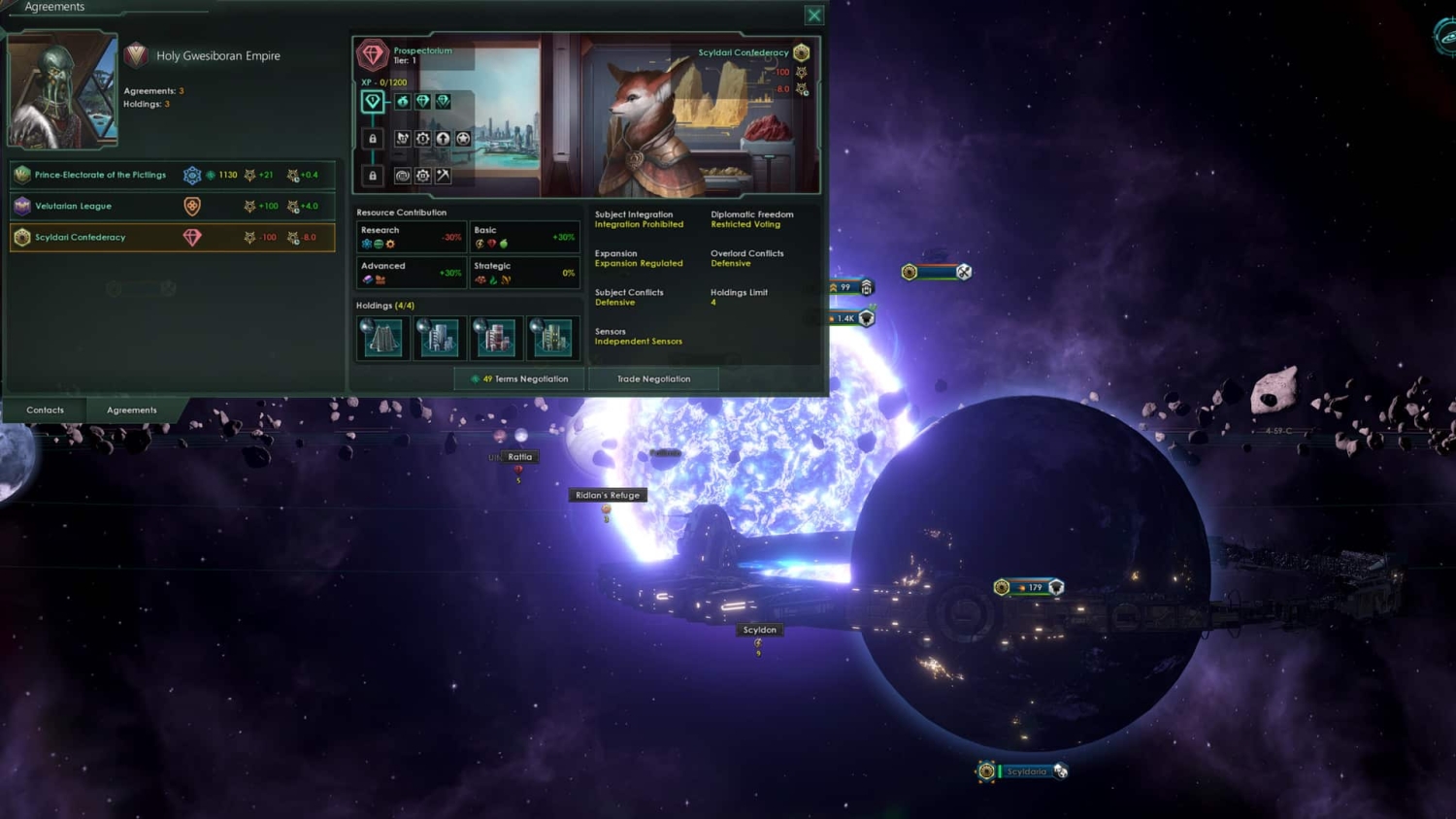 In-game diplomacy interface displaying alien empire details and agreements with space background