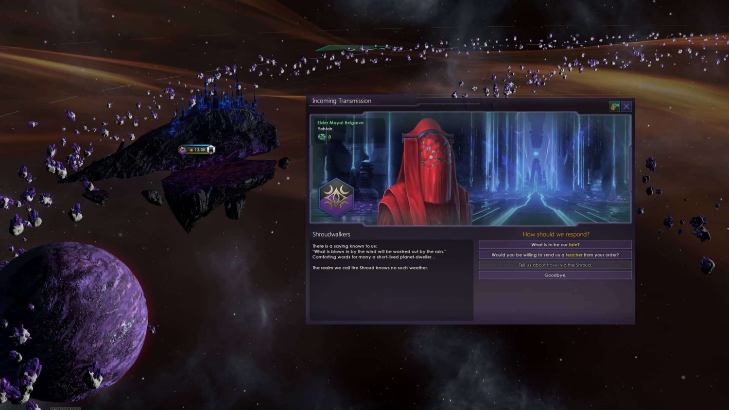 In-game communication interface showing a red-robed alien figure and a star system with asteroids and a purple planet