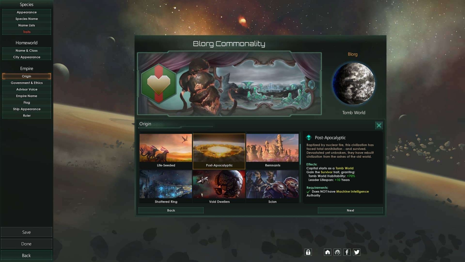 Stellaris game screen showing the Post-Apocalyptic origin selected for the Blorg Commonality with detailed effects and requirements