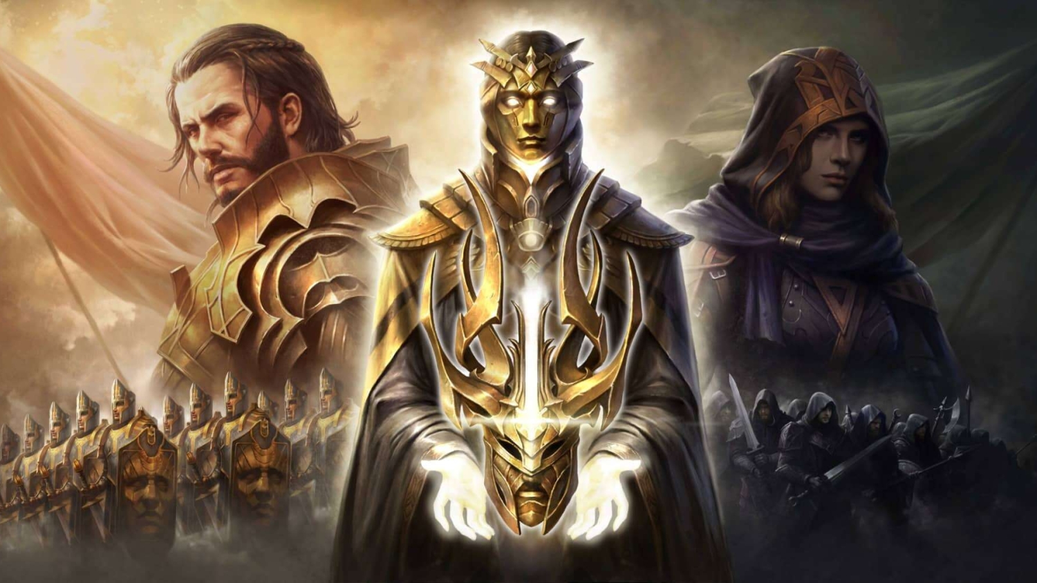 Fantasy warriors and armies Three fantasy characters with glowing eyes and ornate armour stand before their respective armies in a misty scene