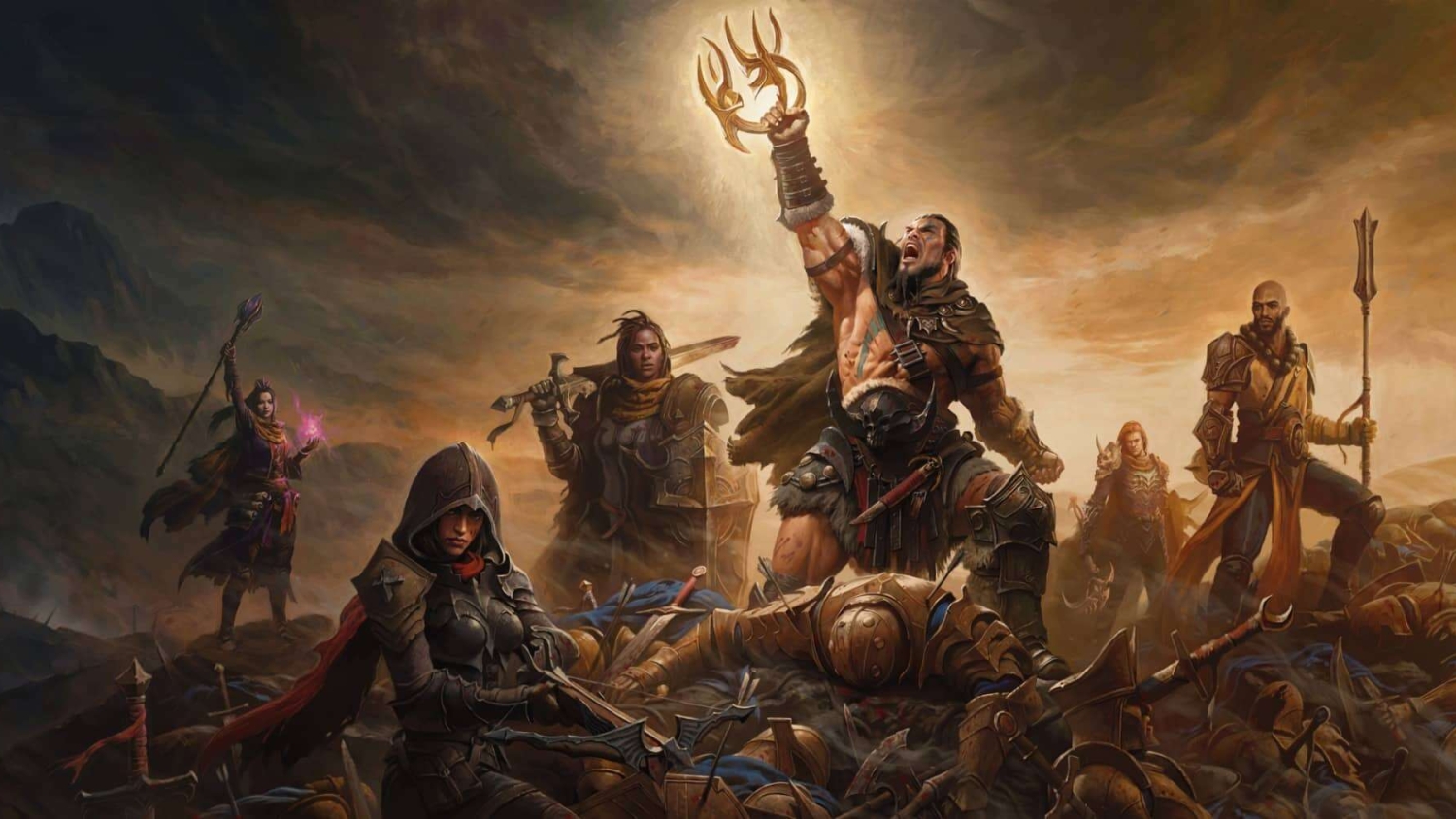Six fantasy warriors stand among fallen foes on a smoky battlefield under a cloudy sky