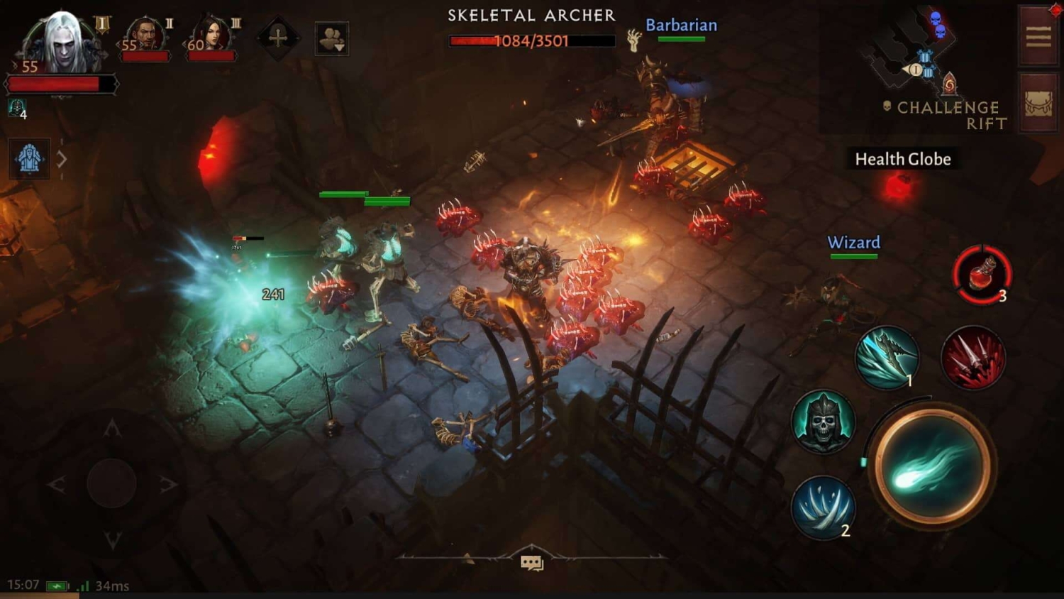 Characters and pets attacking a skeletal archer in a dark dungeon environment with health and ability HUD