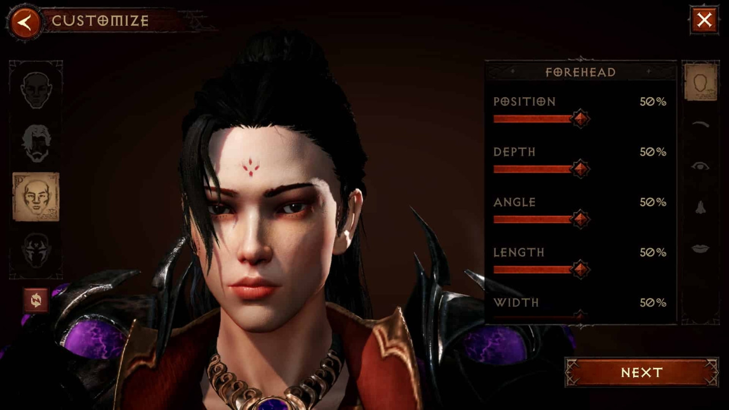 Female warrior with black hair and red forehead markings undergoing forehead feature customisation
