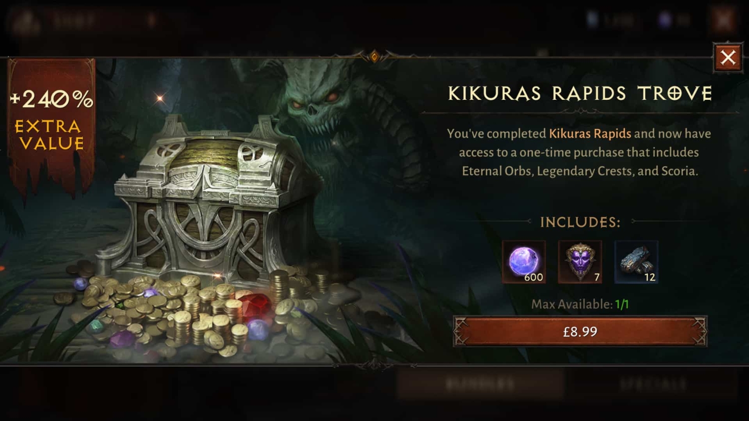 In-game screen showing Kikuras Rapids Trove with coins, gems, and items for one-time purchase at £8.99