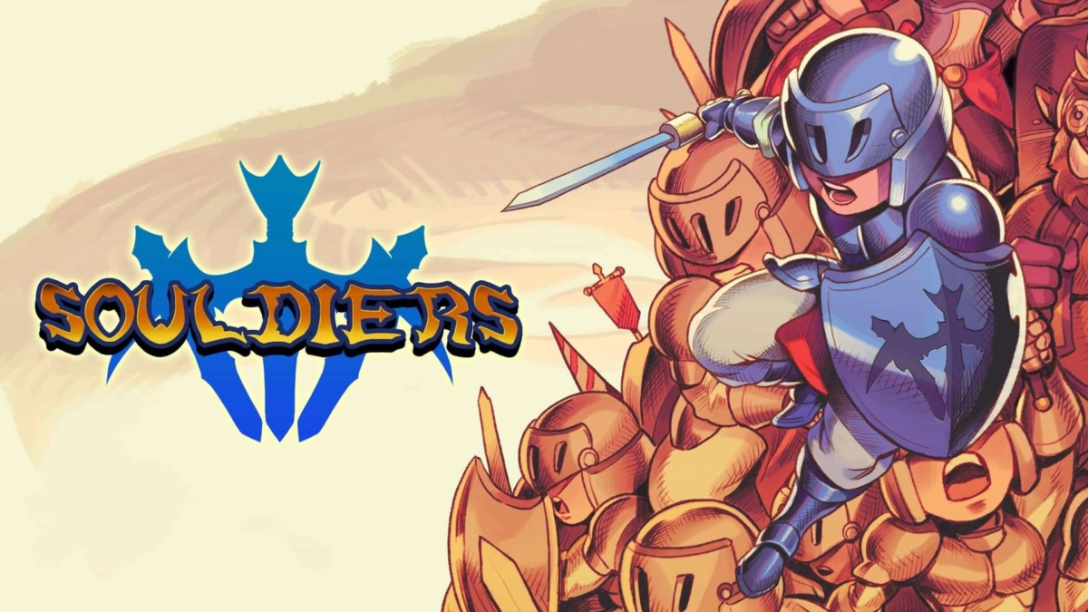 Armoured character with sword fighting multiple similarly armoured enemies in stylised fantasy art
