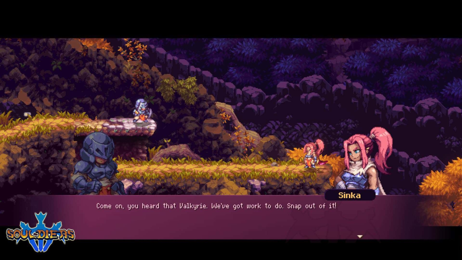 Two pixel art characters talking on a forest path with rocky terrain and dark foliage background