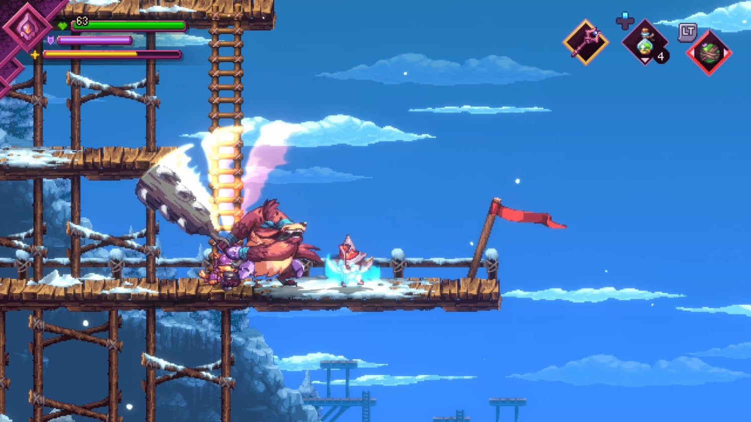 Pixel art character fighting a large bear-like enemy on wooden platforms with snowy patches under a blue sky.