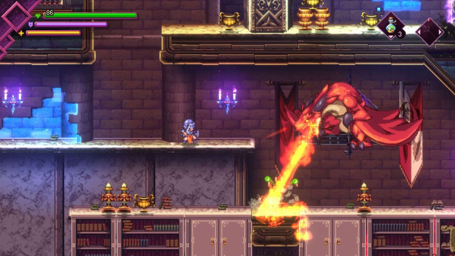 Pixel art scene showing a character facing a red dragon breathing fire inside a castle with bookshelves and torches