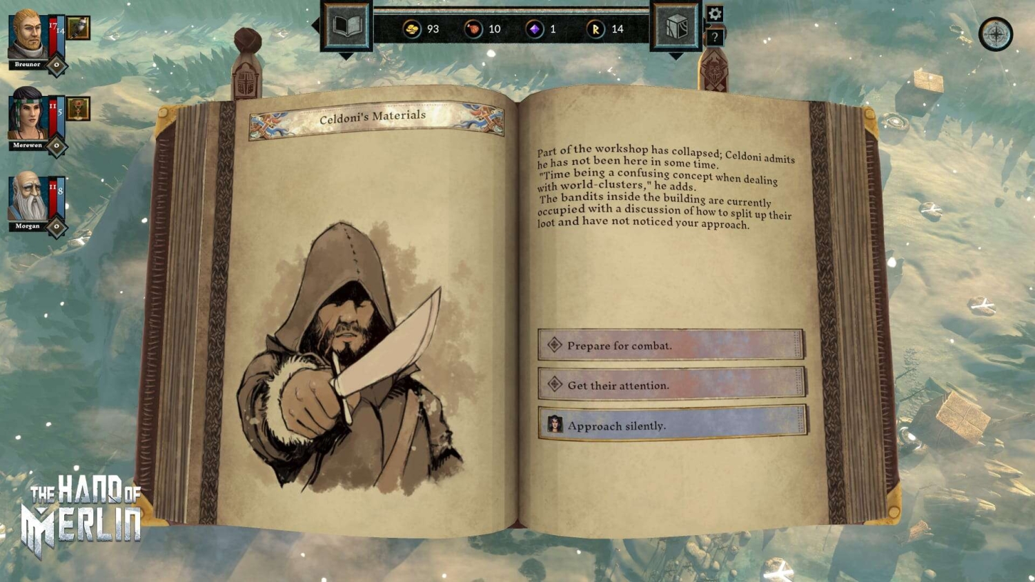 Open book showing hooded figure holding knife and combat dialogue options