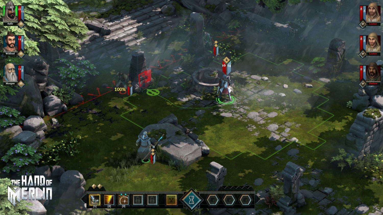 Characters in a tactical RPG positioned on a grid in a leafy ruined stone courtyard with health bars and action icons displayed