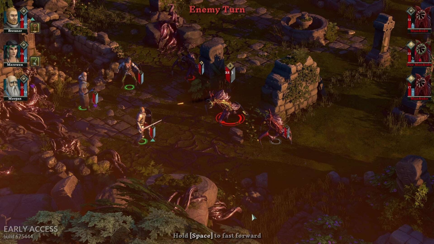 Characters and monsters in a tactical RPG battle on a ruined stone map under enemy turn