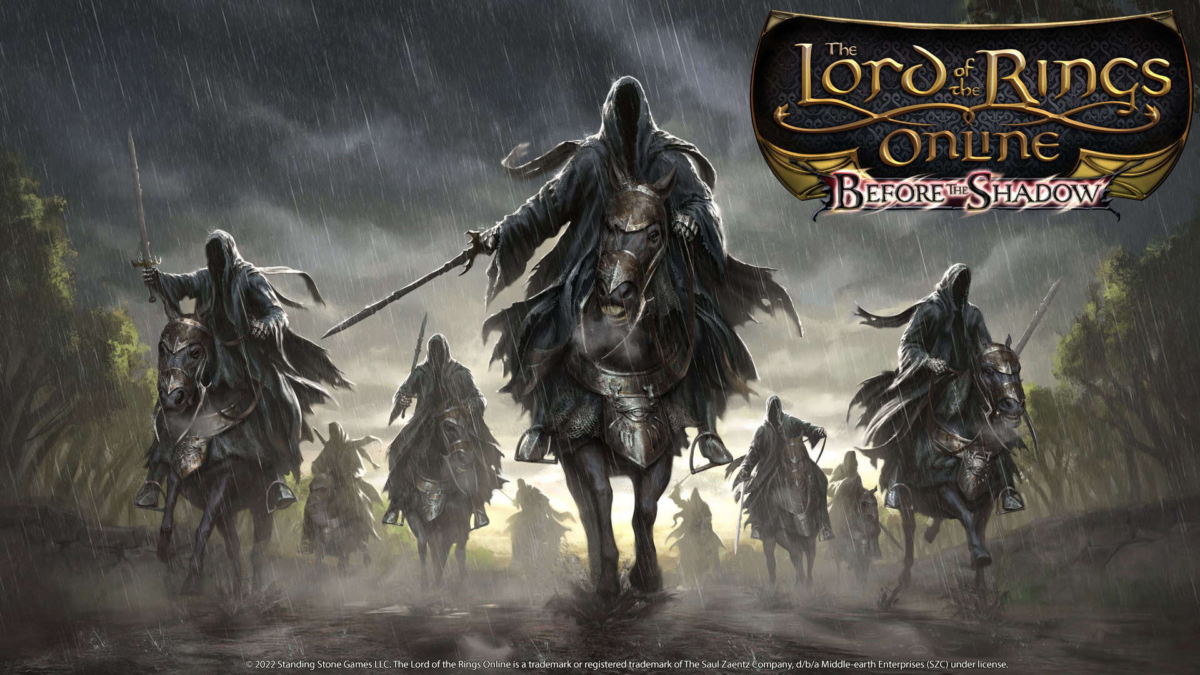 Dark cloaked riders on horses advancing through rain with the game's logo above them
