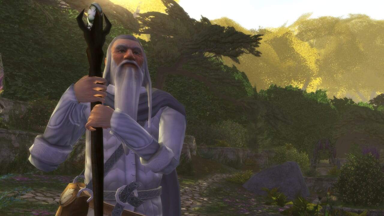 An elderly wizard with a long white beard holding a staff in a lush medieval garden with stone paths and greenery