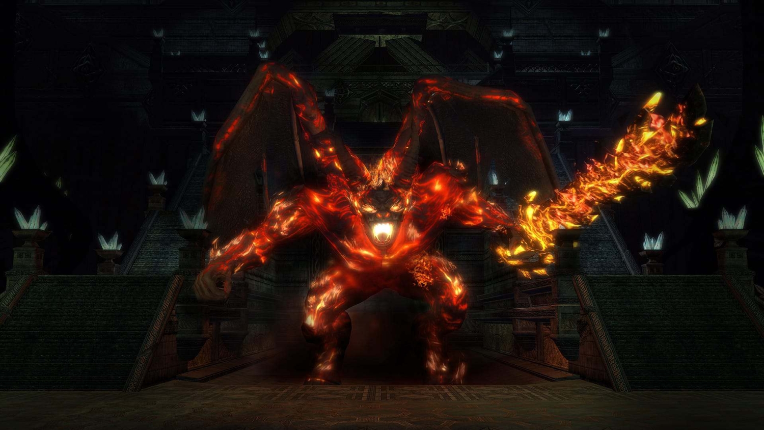 Large fiery demonic creature with glowing eyes and sword stands in dark ancient stone hall