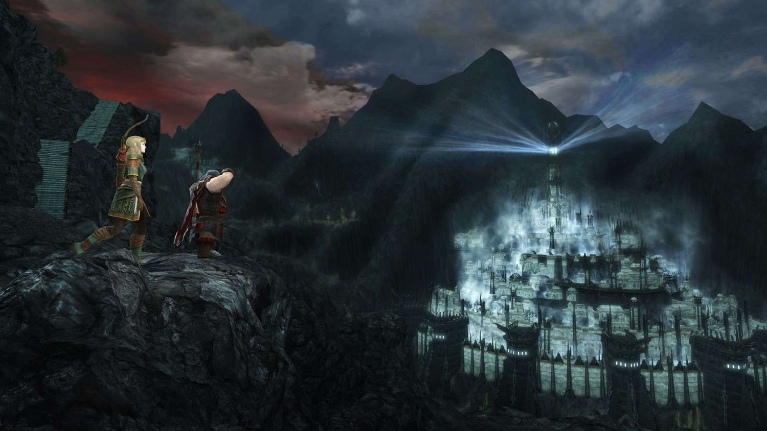 Two fantasy characters standing on rocky cliff observing a glowing fortress in a mountainscape at dusk