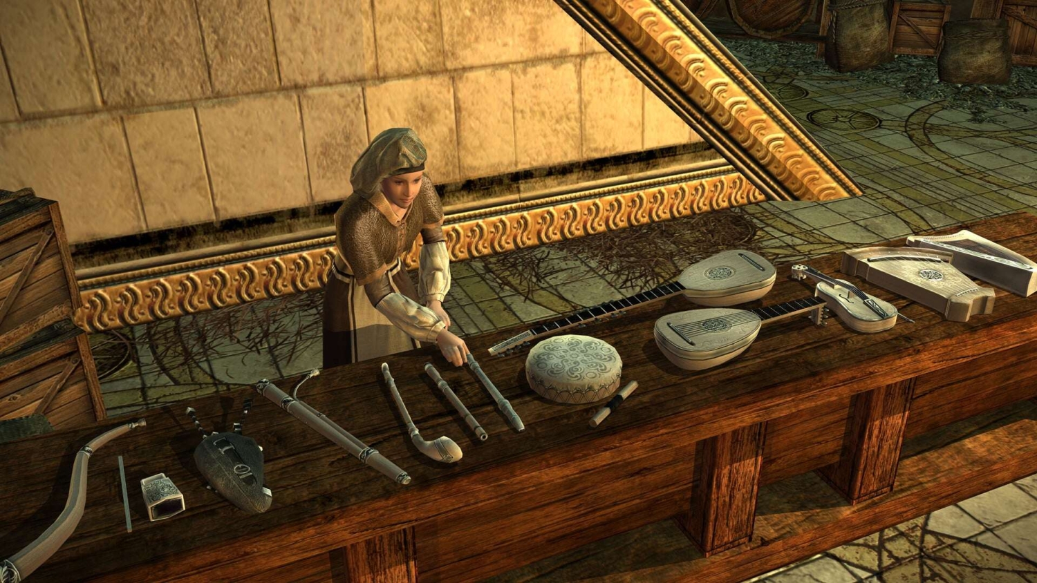 Woman in medieval attire arranging various historical string and wind instruments on a wooden table