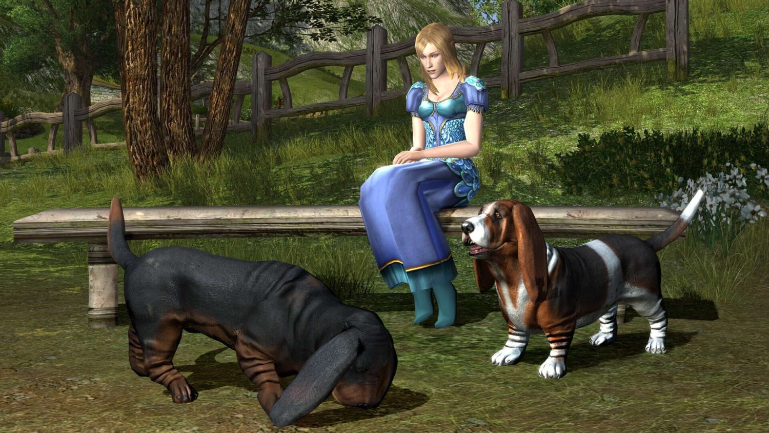 Woman in detailed blue medieval dress sitting on a stone bench beside two basset hound dogs in a garden