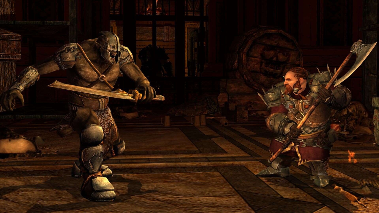 Armoured dwarf wielding an axe faces a large orc with a sword inside a dimly lit wooden hall